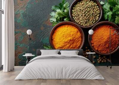 Artistic arrangement of healing spices such as cumin, turmeric, and coriander in small bowls Wall mural