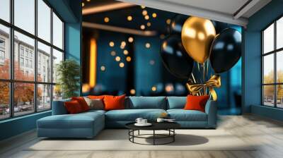 Black balloons tied with gold ribbons, floating in a dimly lit room with dramatic lighting, creating a luxurious, elegant setting. Wall mural