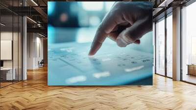 Calendar floating on the floor Young businessman's hand touching a calendar The index finger has a display fingerprint on screen Wall mural