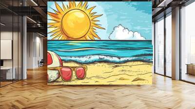 Cartoon-style beach clipart with a beach ball, sun, and sunglasses, offering a bright and cheerful design for summer promotions Wall mural