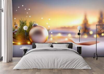 Classic Christmas background with vintage glass ornaments, glowing softly against a backdrop of warm holiday lights and traditional decor. Wall mural