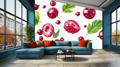 Currant with half slices falling or floating in the air with green leaves isolated on a white background. Wall mural