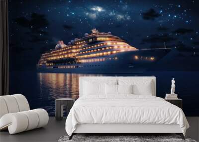 Elegant cruise flyer design with a nighttime view of a cruise ship illuminated against a dark sea, creating a sense of luxury and exclusivity Wall mural