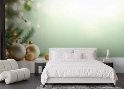 Elegant green Christmas background with gold baubles, pine branches, and twinkling fairy lights. Wall mural