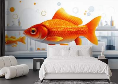 Fish research clipart showing a laboratory setting with fish tanks on a white background Wall mural