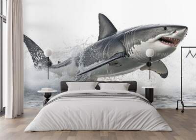 Great white shark mid-jump, isolated on white Wall mural