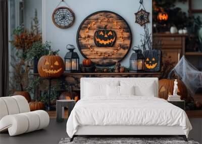 Halloween-themed home decorations with a rustic touch, featuring wooden signs, lanterns, and cobwebs, on a white background Wall mural