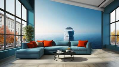 Minimalistic cruise flyer featuring a sleek ship on calm waters under a clear sky, perfect for luxury travel advertisements Wall mural