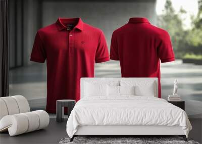 Mock up 3D a red polo shirts on a white background podium with light smoke.seen from the front and back. Wall mural