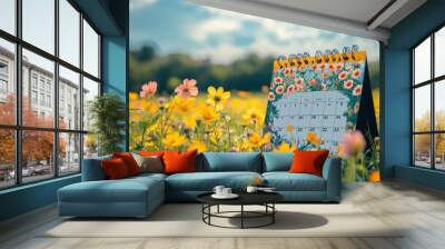 Mockup calendar 2025 with a vibrant meadow background, fresh and bright, natural elements, stylish typography Wall mural