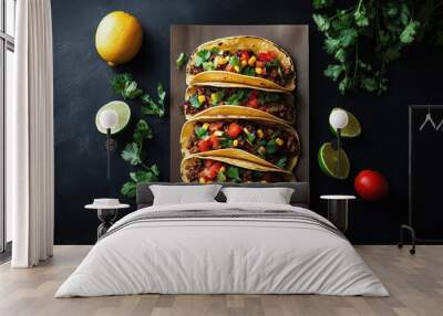 Modern Mexican food flyer featuring gourmet versions of classic dishes, with elegant design elements and high-quality images. Wall mural