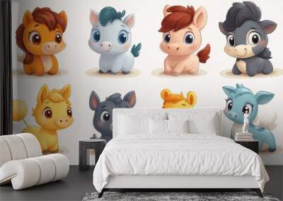 Playful cartoon farm animals on white background Wall mural