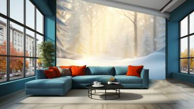 Snow-covered pine trees in a dense winter forest, with soft light filtering through the branches and snowflakes falling gently. Wall mural