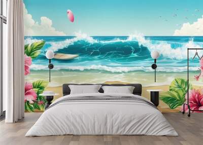 Tropical beach clipart with hibiscus flowers, a surfboard, and gentle waves, offering a bright, vibrant design for summer events Wall mural