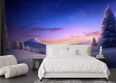 Twilight winter sky with stars just beginning to appear, casting a cool glow over a snow-covered forest and distant mountains. Wall mural