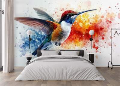 Watercolor-style hummingbird on a white background, colorful and abstract Wall mural