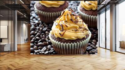 chocolate cupcakes with caramel cream on coffee beans sample te Wall mural