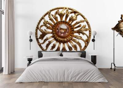 4 Old fashioned sunflower brooch made of gold with intricate design set against a transparent background Wall mural