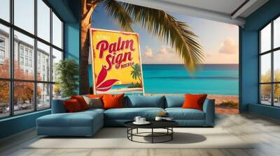 A white poster sign mockup leaning against a palm tree with a tropical beach scene in the background Wall mural