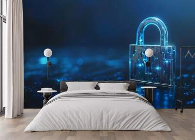 Convey the essence of cyber security technology with an image featuring a digital padlock representing data encryption and network protection, displayed against a deep blue backdrop, highlighting Wall mural