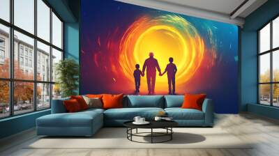 digital art banner with a glowing abstract circle in the center, featuring icons of grandparents and grandchildren holding hands, symbolizing family connection, with a modern and radiant design Wall mural