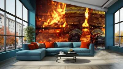 Firefighter standing on fireplace Wall mural