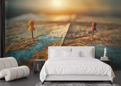 Navigate your journey with precision and clarity as you explore a real photo showcasing a detailed map. marked with two vibrant pins representing the starting and destination points. Wall mural