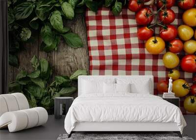 rustic kitchen table adorned with a red and white gingham tablecloth, bordered by fresh green leaves and a mix of vibrant red and yellow tomatoes Wall mural