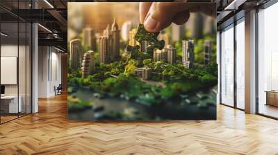 The world of sustainable urban planning with a picture of a jigsaw puzzle pieces connected by hand, illustrating the elements of a green cityscape, exemplifying a collaborative approach to eco-constru Wall mural