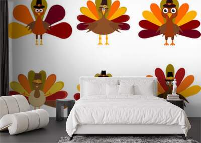 Vector set of a six colorful thanksgiving turkeys Wall mural