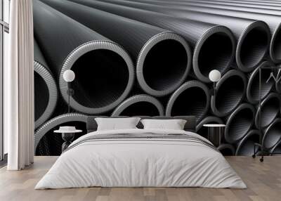 DOF camera 3D illustration of the carbon fiber composite pipes stacked at warehouse Wall mural