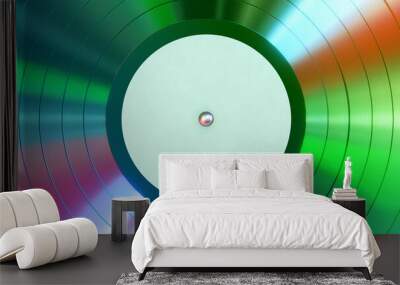 Realistic 3D illustration of the colorful summer green iridescent retrowave or synthwave style vinyl record with blank label rendered as background Wall mural