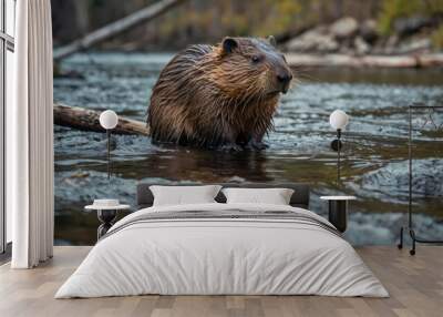 Beaver on dam in peaceful mountain river Wall mural