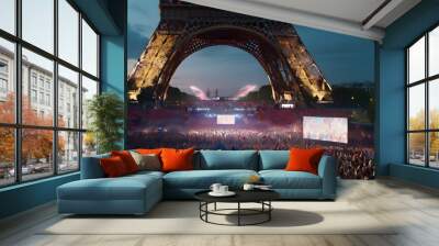 Crowd of supporters at a sports event at the Eiffel tower in Paris France, illustration for Olympic games in summer 2024 imagined by AI generative - not the actual event Wall mural