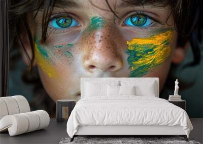 Kid fan green and yellow flag painted on face  Wall mural