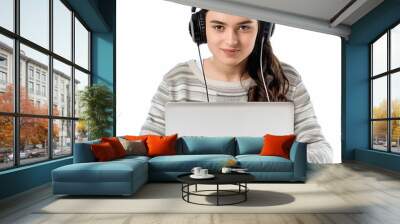 Student wearing headphones young woman using laptop education training online courses. Wall mural