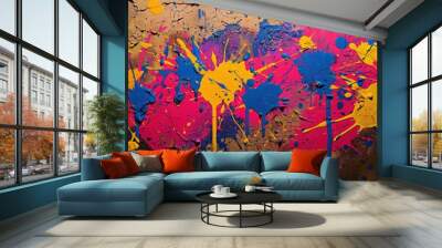 Bold and vibrant paint splatters on a textured grunge wall, creating an energetic and abstract art background. Wall mural