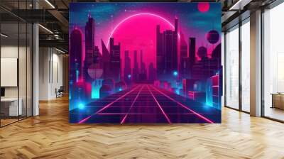 Futuristic cityscape vector graphic with minimal neon light effects and high-tech architectural designs, perfect for a digital banner background. Wall mural