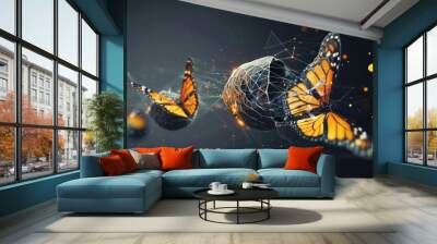 Futuristic digital representation of a butterfly emerging from a cocoon, highlighting the stages of business evolution and success. Wall mural