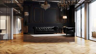 Modern classic black interior with leather sofa, floor lamp, coffee table, carpet, wood floor Wall mural