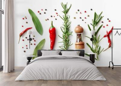 traditional italian pepper shaker, red chilli pepper and green organic rosemary leaves on white background. Wall mural