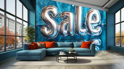 Sale in metallic color with blue background. Wall mural