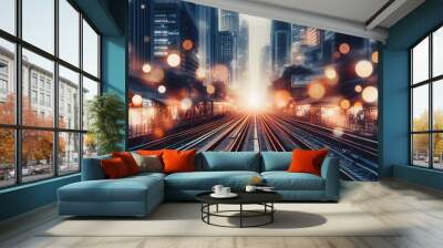 Train tracks in prominent lighting with bokeh effect. Wall mural