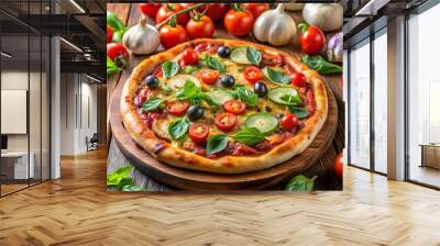 Delicious vegetarian pizza with fresh vegetables and ingredients like tomatoes, bell peppers, garlic, and spinach, representing healthy, colorful, and nutritious homemade Italian cuisine Wall mural