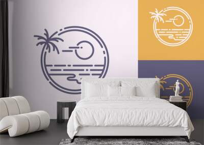 line art of tropical island beach with sun, a palm tree and coastline color variations stamp logo design concept Wall mural