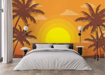 palm tree silhouette sunset view on tropical beach at dusk Wall mural