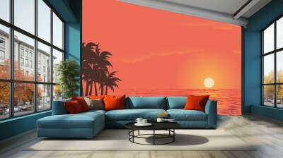 Vector illustration of sunset view on beautiful sky with palm trees on sandy beach with gradient color background concept Wall mural