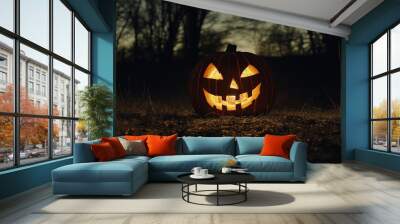 A giant, glowing jack-o'-lantern sitting in the middle of a dark field. v3 Wall mural