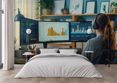 A young professional working remotely from a stylish home office. The desk is equipped with a high-end laptop Wall mural