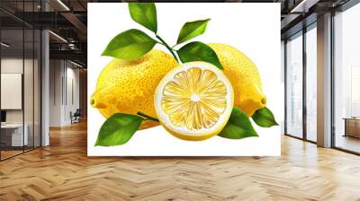 Icon illustration of yellow lemon with green leave Wall mural